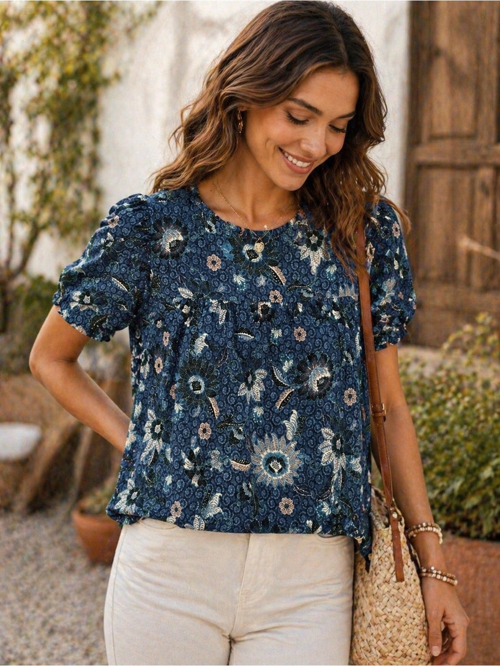 LOFT Blue Floral Boho Blouse Short Sleeve Women’s XL